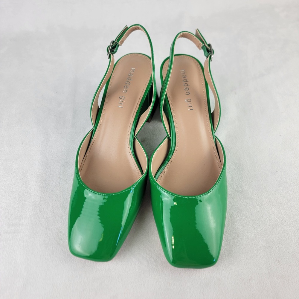 Madden Girl Novvaa Green Patent Slingback Block Heel Square Toe Pumps 7M - Picture 2 of 9